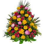 Gesteck_Hoch_-_Pfingstrosen_Rosen_Solidago_Chrysanthemen_-_Gelb_Pink