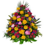 Gesteck_Hoch_-_Pfingstrosen_Rosen_Solidago_Chrysanthemen_Statice_-_Gelb_Pink_Blau