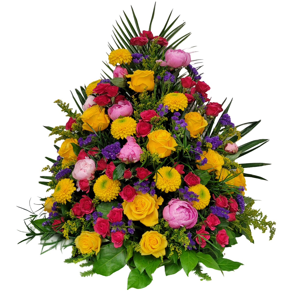 Gesteck_Hoch_-_Pfingstrosen_Rosen_Solidago_Chrysanthemen_Statice_-_Gelb_Pink_Blau