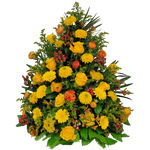 Gesteck_Hoch_-_Rosen_Achillea_Scharfgabe_Gerbera_Hypericum_Anigozanthos_Goldrute_Ranunkel_-_Gelb_Orange_Rot