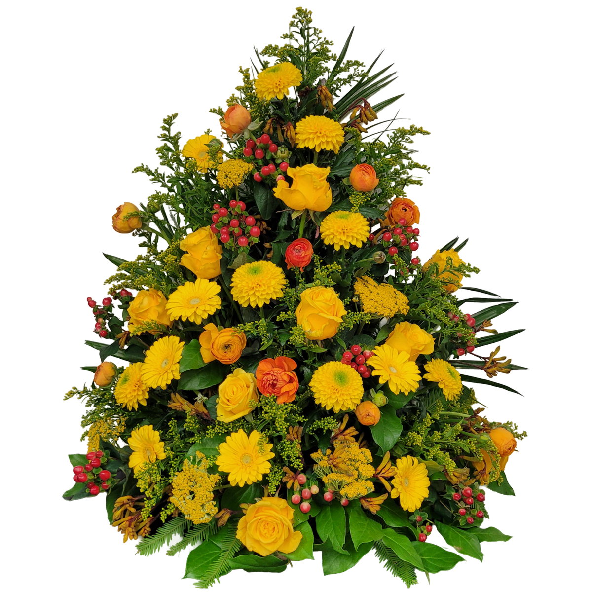 Gesteck_Hoch_-_Rosen_Achillea_Scharfgabe_Gerbera_Hypericum_Anigozanthos_Goldrute_Ranunkel_-_Gelb_Orange_Rot