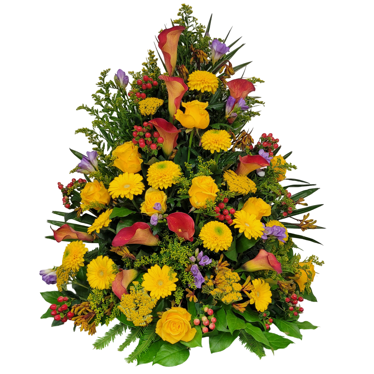 Gesteck_Hoch_-_Rosen_Achillea_Scharfgabe_Gerbera_Hypericum_Freesie_Anigozanthos_Goldrute_Calla_-_Gelb_Orange_Blau