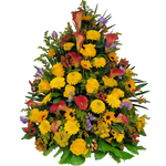 Gesteck_Hoch_-_Rosen_Achillea_Scharfgabe_Gerbera_Hypericum_Freesie_Anigozanthos_Goldrute_Sonnenblume_Calla_-_Gelb_Orange_Blau
