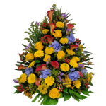 Gesteck_Hoch_-_Rosen_Achillea_Scharfgabe_Gerbera_Hypericum_Hortensie_Freesie_Anigozanthos_Goldrute_Calla_-_Gelb_Orange_Blau