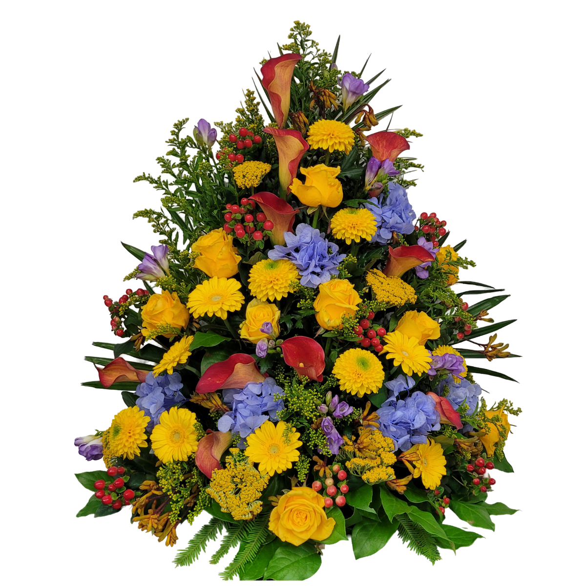Gesteck_Hoch_-_Rosen_Achillea_Scharfgabe_Gerbera_Hypericum_Hortensie_Freesie_Anigozanthos_Goldrute_Calla_-_Gelb_Orange_Blau