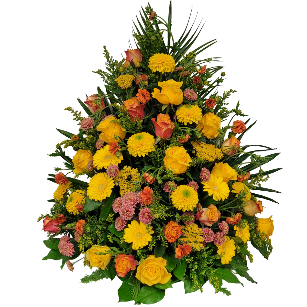 Gesteck_Hoch_-_Rosen_Achillea_Scharfgabe_Hypericum_Geum_Gerbera_Grysantheme_Goldrute_Santini_-_Gelb_Orange_Apricot
