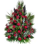 Gesteck_Hoch_-_Rosen_Anthurnium_Anigozanthos_Trosrosen_Alocasia_-_Rot