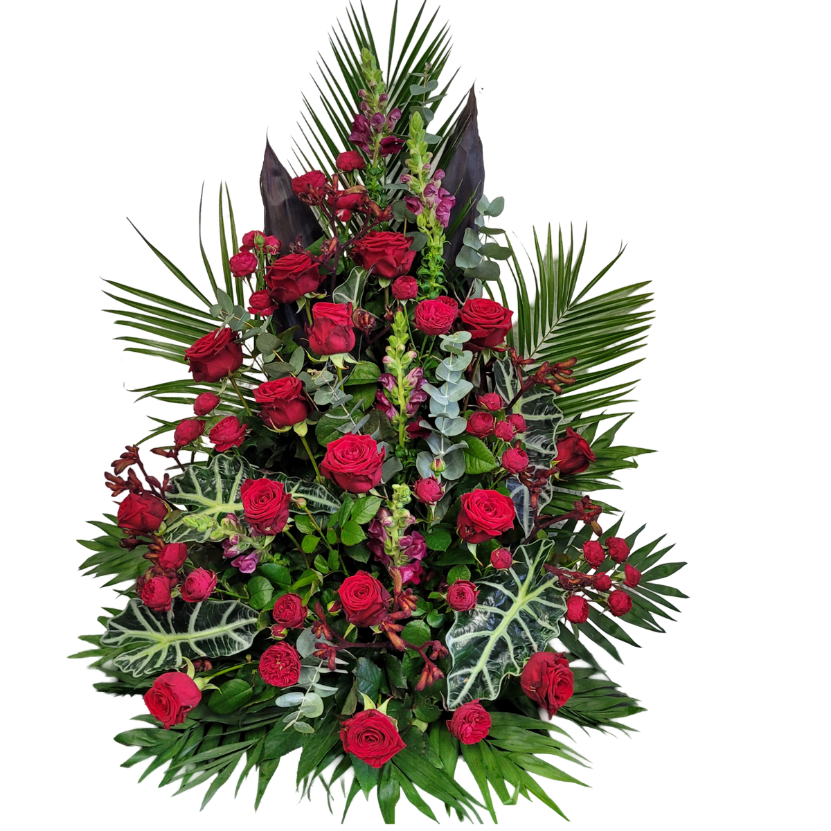 Gesteck_Hoch_-_Rosen_Anthurnium_Anigozanthos_Trosrosen_Alocasia_-_Rot