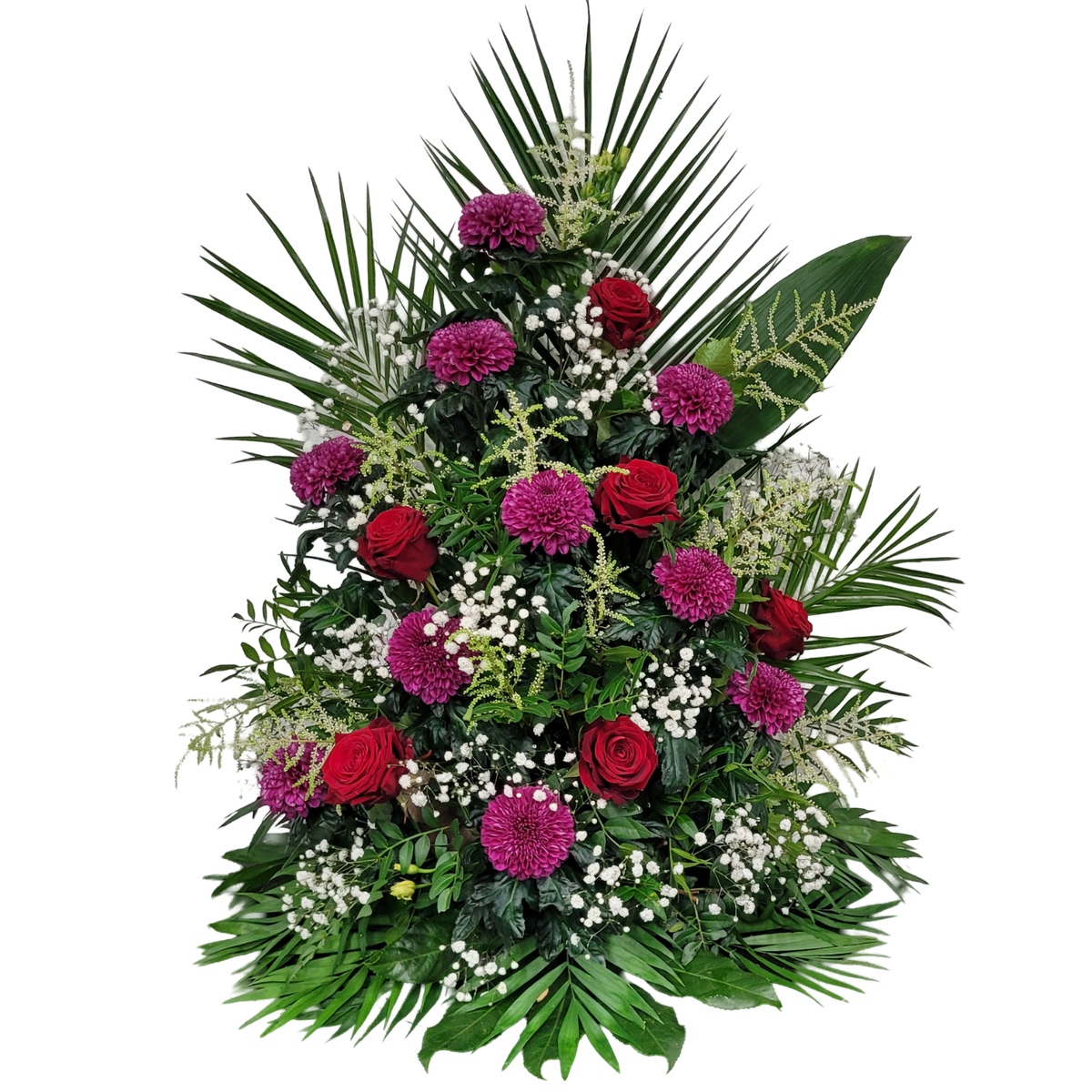 Gesteck_Hoch_-_Rosen_Chrysantheme_Astilbe_Schleierkraut_-_Lila_Rot_Weiss