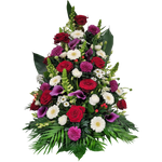 Gesteck_Hoch_-_Rosen_Chrysanthemen_Loewenmaul_Ranunkeln_Santini_Hypericum_Gerbera_Eustoma_Calla_-_Rot_Weiss_Pink_Lila