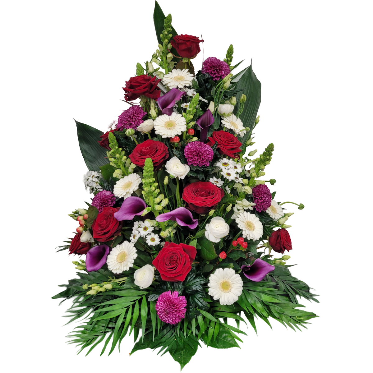Gesteck_Hoch_-_Rosen_Chrysanthemen_Loewenmaul_Ranunkeln_Santini_Hypericum_Gerbera_Eustoma_Calla_-_Rot_Weiss_Pink_Lila