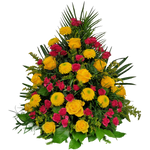 Gesteck_Hoch_-_Rosen_Chrysanthemen_Solidago_-_Gelb_Pink