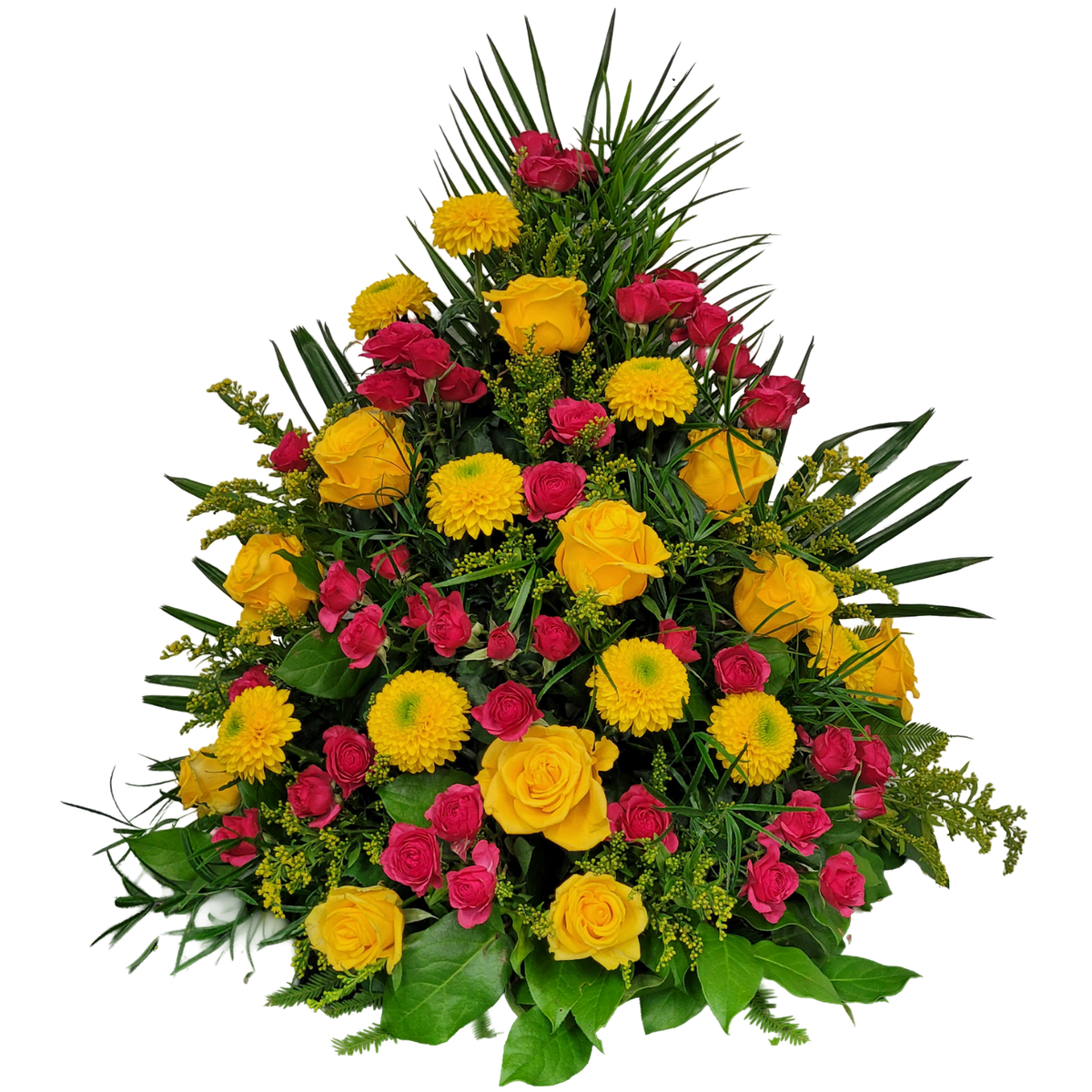 Gesteck_Hoch_-_Rosen_Chrysanthemen_Solidago_-_Gelb_Pink
