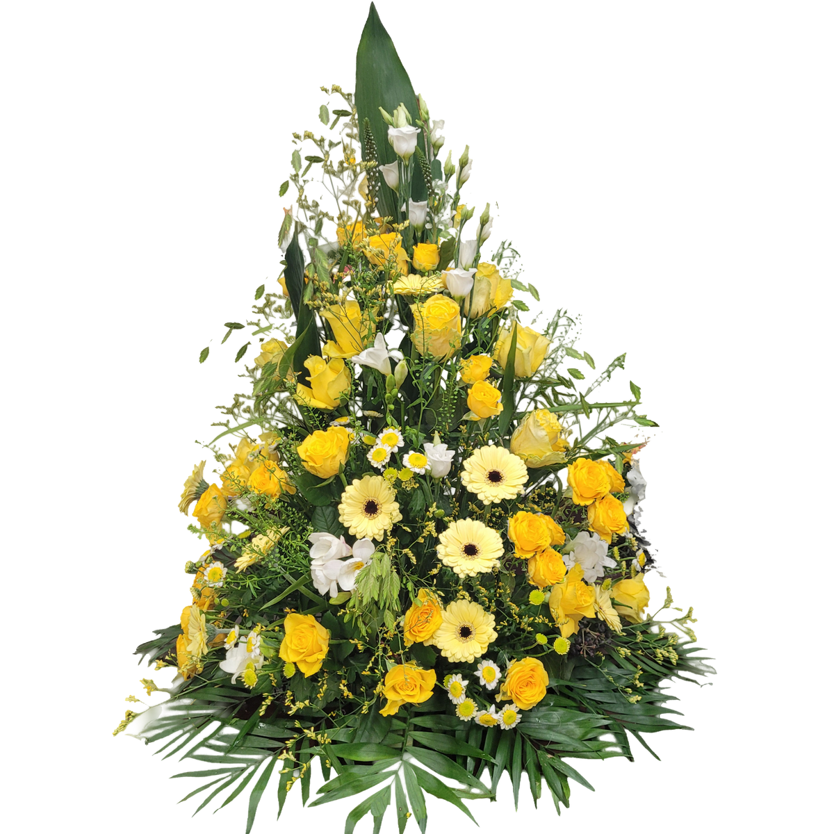 Gesteck_Hoch_-_Rosen_Eustoma_Gerbera_Santini_Limonium_-_Gelb_Weiss