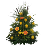 Gesteck_Hoch_-_Rosen_Gerbera_Chrysanthemen_Graesser_Solidago_-_Gelb_Gruen