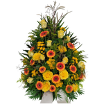 Gesteck_Hoch_-_Rosen_Gerbera_Chrysanthemen_Solidago_-_Gelb_Orange