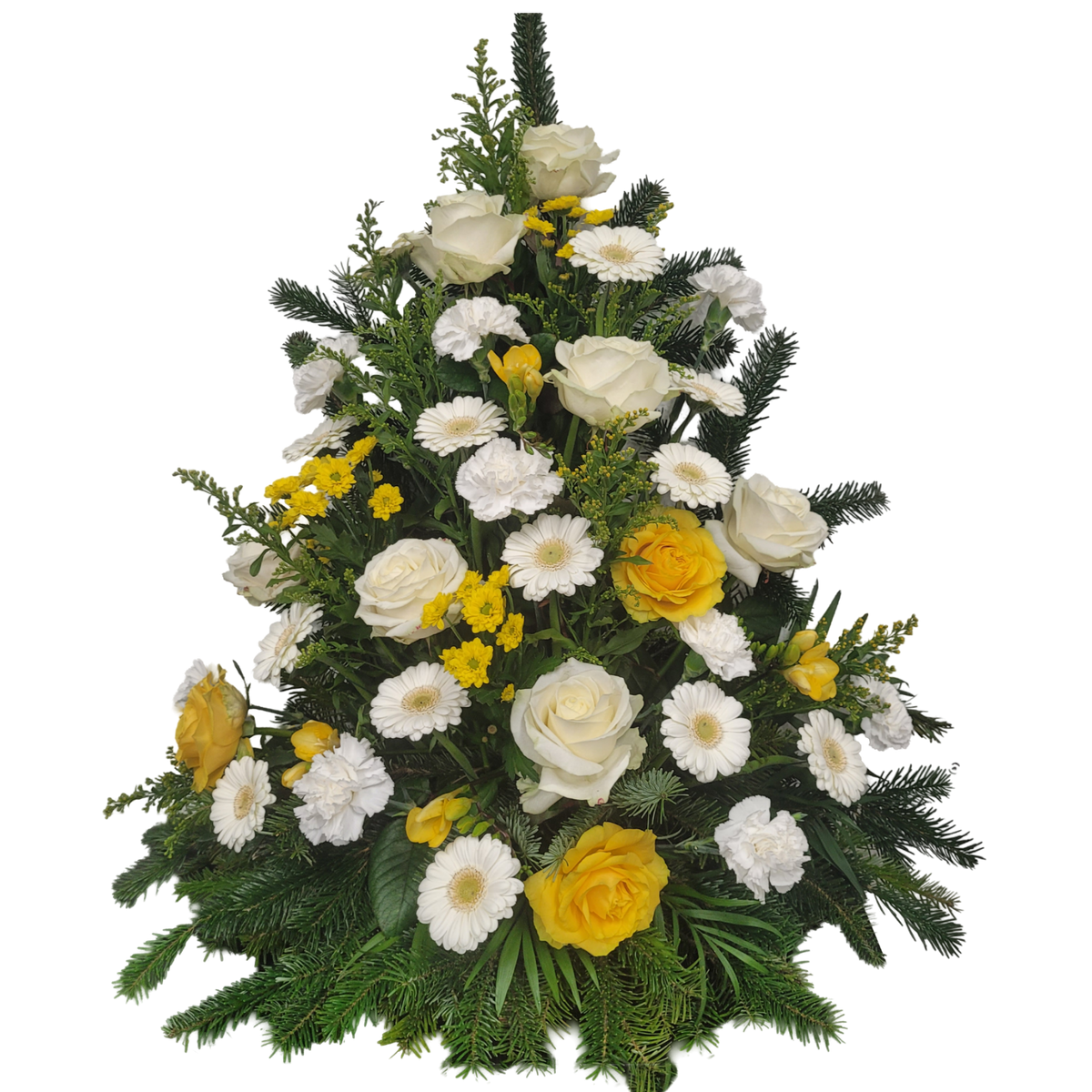 Gesteck_Hoch_-_Rosen_Gerbera_Nelken_Santini_Freesien_-_Gelb_Weiss