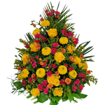 Gesteck_Hoch_-_Rosen_Geum_Grysantheme_Goldrute_-_Gelb_Orange_Pink