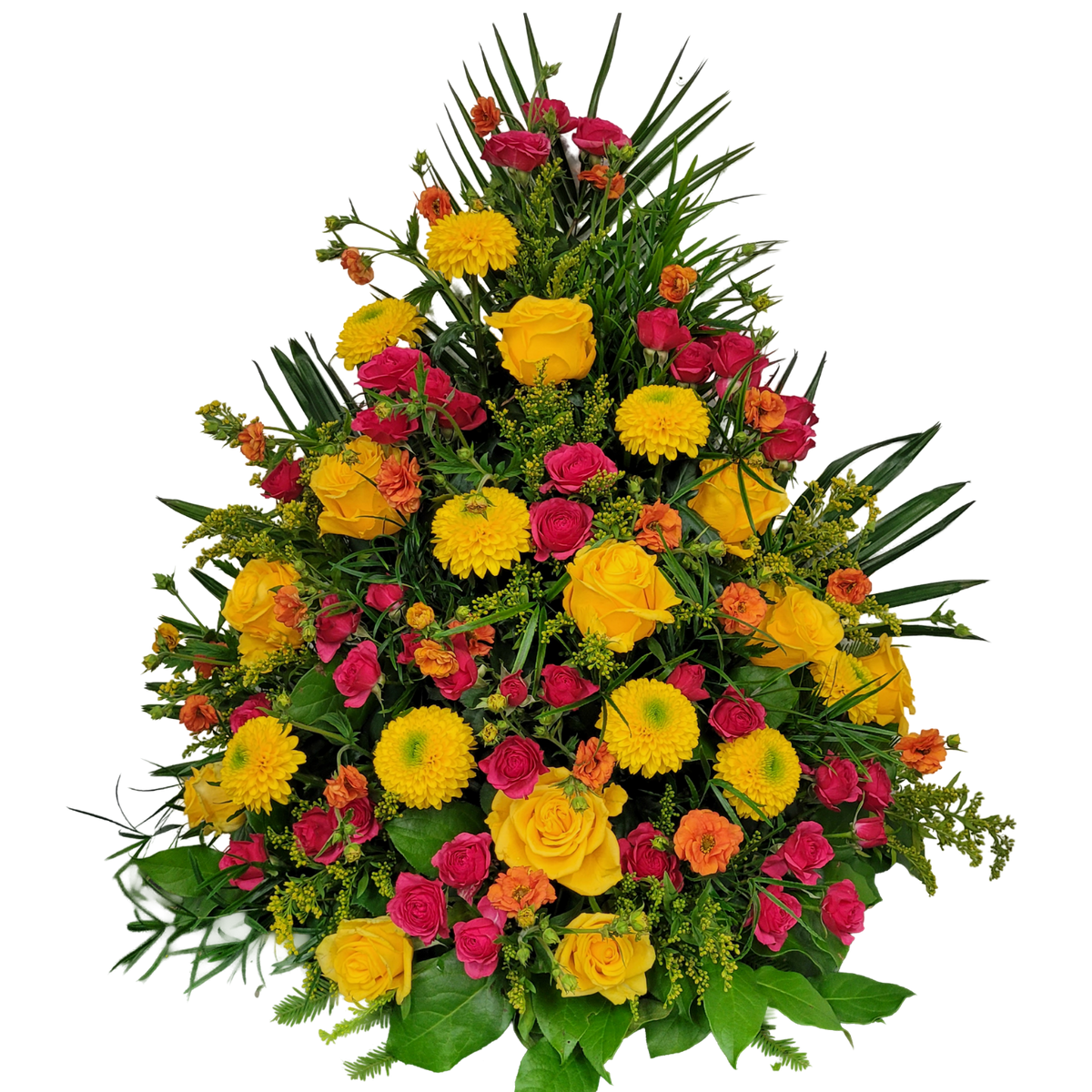 Gesteck_Hoch_-_Rosen_Geum_Grysantheme_Goldrute_-_Gelb_Orange_Pink