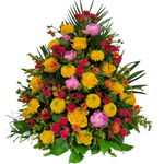 Gesteck_Hoch_-_Rosen_Geum_Pfingstrose_Crysantheme_Goldrute_-_Gelb_Orange_Pink_Rosa