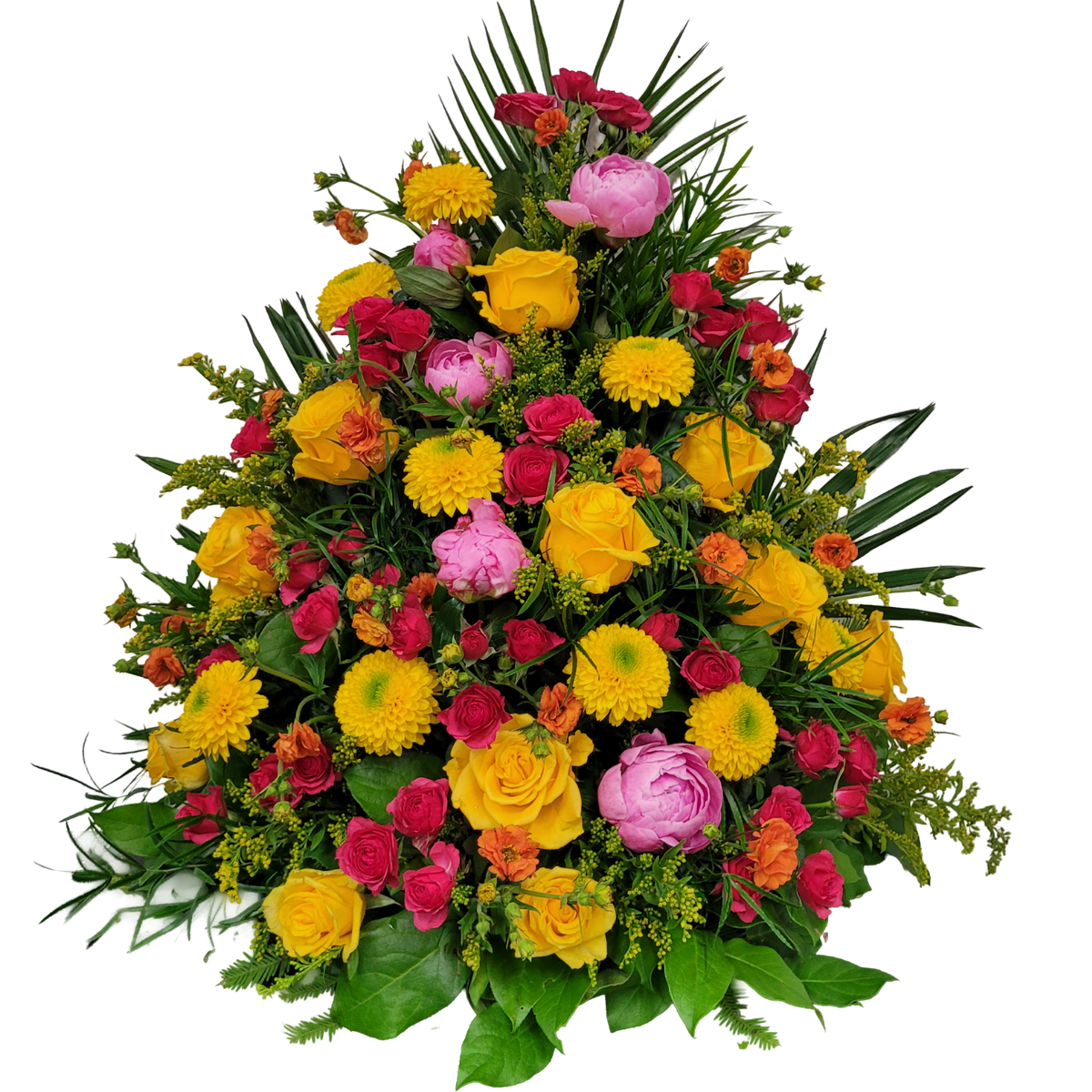 Gesteck_Hoch_-_Rosen_Geum_Pfingstrose_Crysantheme_Goldrute_-_Gelb_Orange_Pink_Rosa