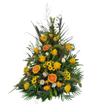 Gesteck_Hoch_-_Rosen_Graesser_Solidago_Santini_Germini_Eustoma_-_Gelb_Orange_Weiss