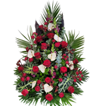 Gesteck_Hoch_-_Rosen_Loewenmaul_Anthurien_Anigozanthos_Trosrosen_Alocasia_-_Rot_Weiss