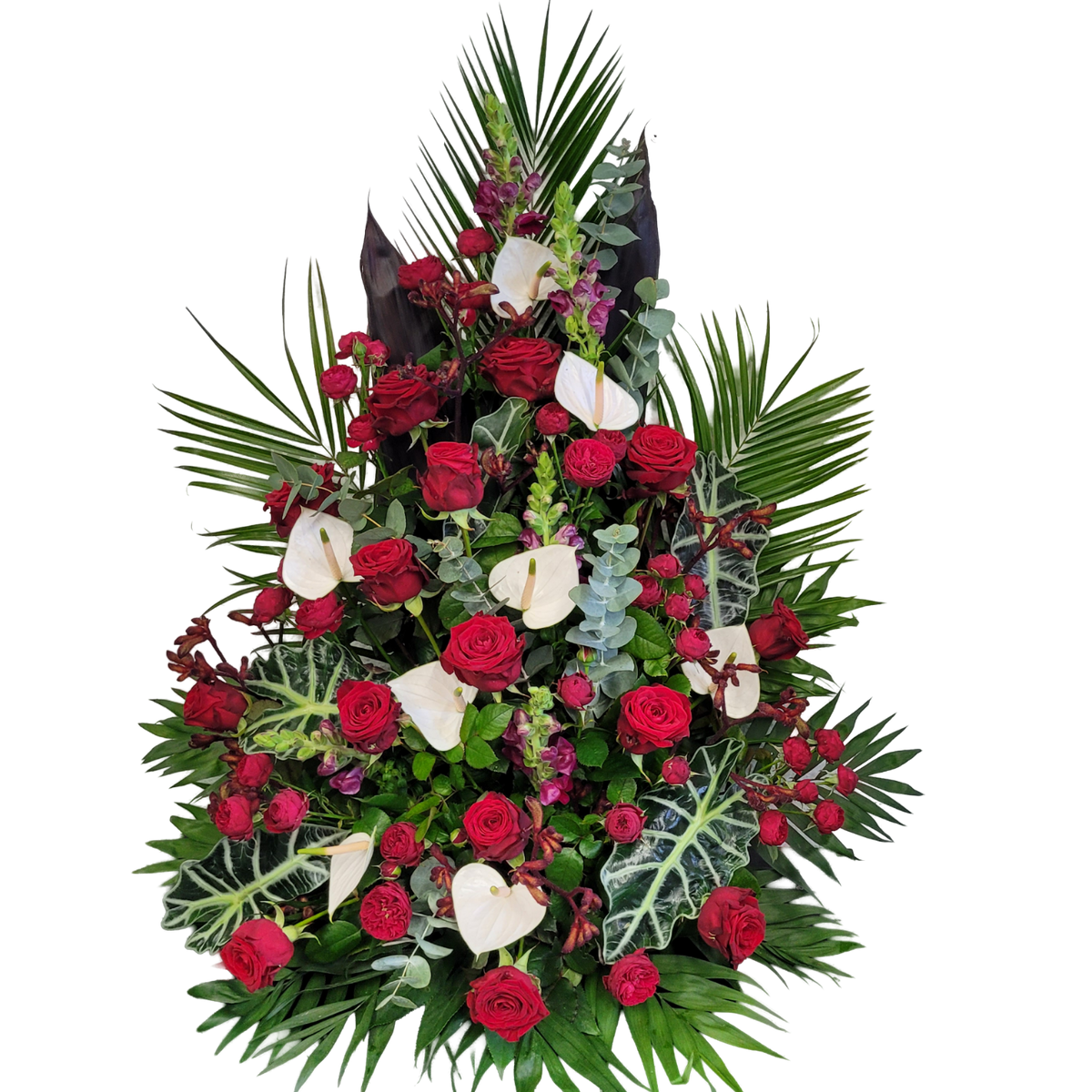 Gesteck_Hoch_-_Rosen_Loewenmaul_Anthurien_Anigozanthos_Trosrosen_Alocasia_-_Rot_Weiss