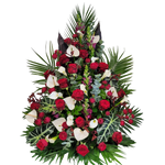 Gesteck_Hoch_-_Rosen_Loewenmaul_Anthurien_Calla_Anigozanthos_Trosrosen_Alocasia_-_Rot_Weiss_-_Exoten