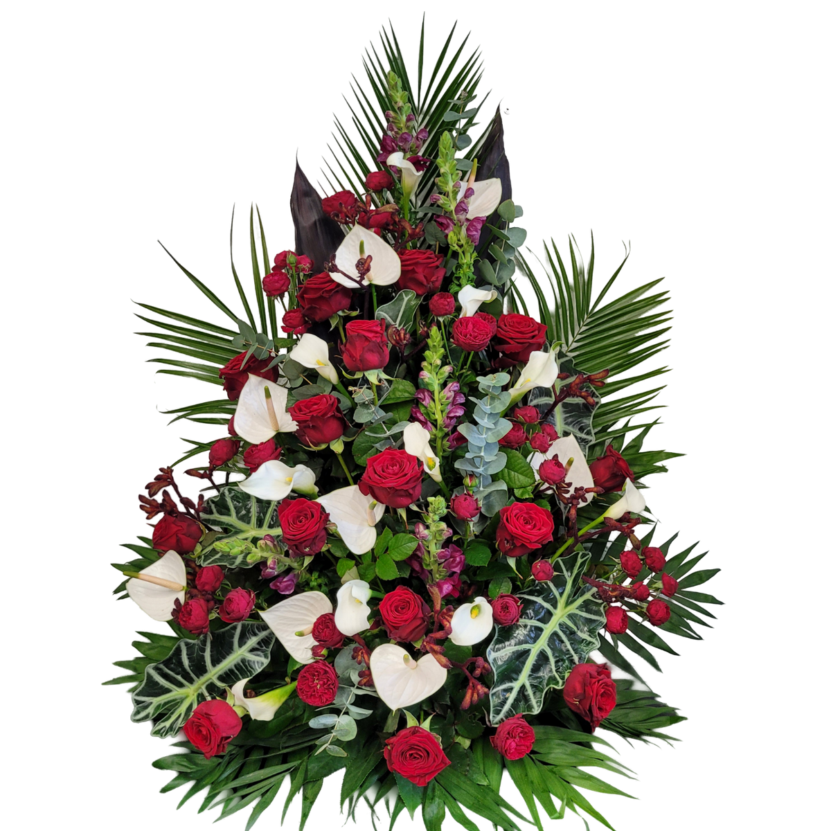 Gesteck_Hoch_-_Rosen_Loewenmaul_Anthurien_Calla_Anigozanthos_Trosrosen_Alocasia_-_Rot_Weiss_-_Exoten