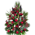 Gesteck_Hoch_-_Rosen_Loewenmaul_Calla_Anigozanthos_Trosrosen_Alocasia_-_Rot_Weiss