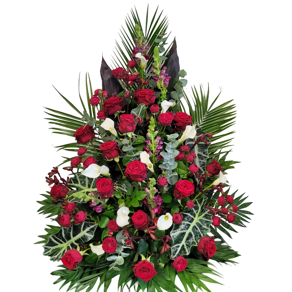 Gesteck_Hoch_-_Rosen_Loewenmaul_Calla_Anigozanthos_Trosrosen_Alocasia_-_Rot_Weiss