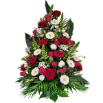 Gesteck_Hoch_-_Rosen_Loewenmaul_Ranunkeln_Santini_Hypericum_Gerbera_Eustoma_-_Rot_Weiss_Pink