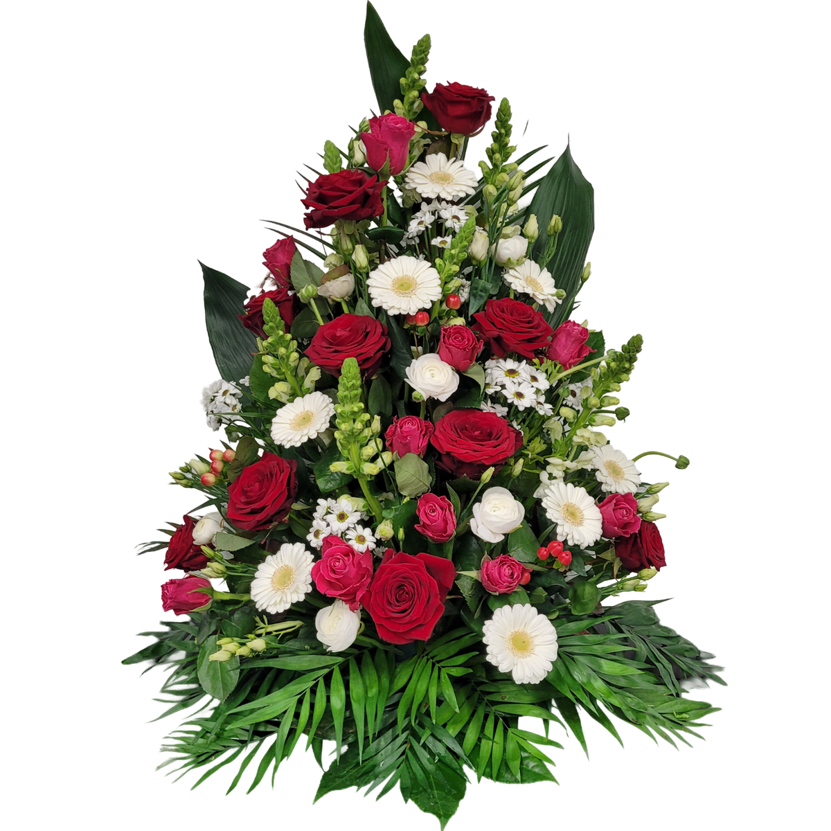 Gesteck_Hoch_-_Rosen_Loewenmaul_Ranunkeln_Santini_Hypericum_Gerbera_Eustoma_-_Rot_Weiss_Pink