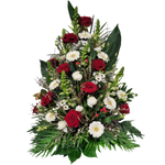 Gesteck_Hoch_-_Rosen_Loewenmaul_Santini_Hypericum_Gerbera_Ranunkeln_-_Rot_Weiss