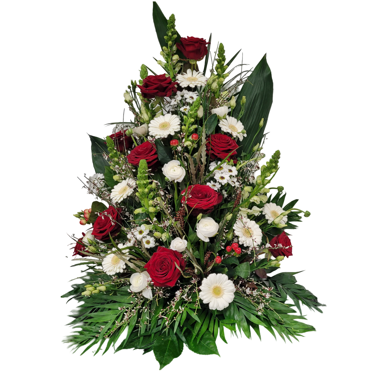 Gesteck_Hoch_-_Rosen_Loewenmaul_Santini_Hypericum_Gerbera_Ranunkeln_-_Rot_Weiss