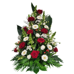 Gesteck_Hoch_-_Rosen_Loewenmaul_Santini_Hypericum_Gerbera_Ranunkeln_Eustoma_-_Rot_Weiss