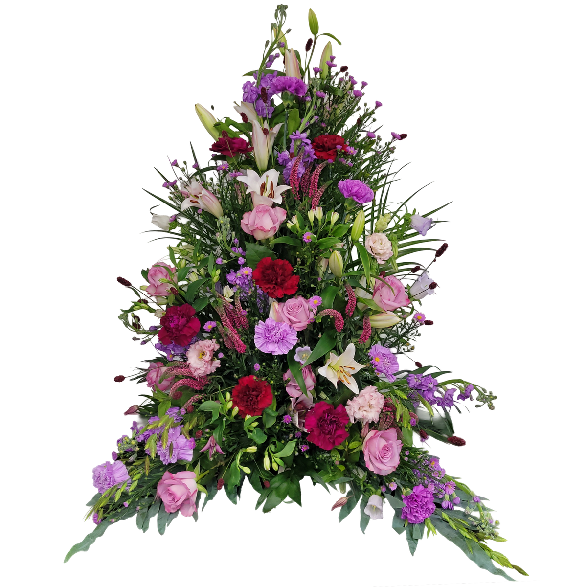 Gesteck_Hoch_-_Rosen_Nelken_Lilien_Septemberkraut_Lilien_Veronika_Alstromerie_Levkoje_Campanula_Eustoma_-_Bordoax_Flieder_Rosa_Lila_Weiss