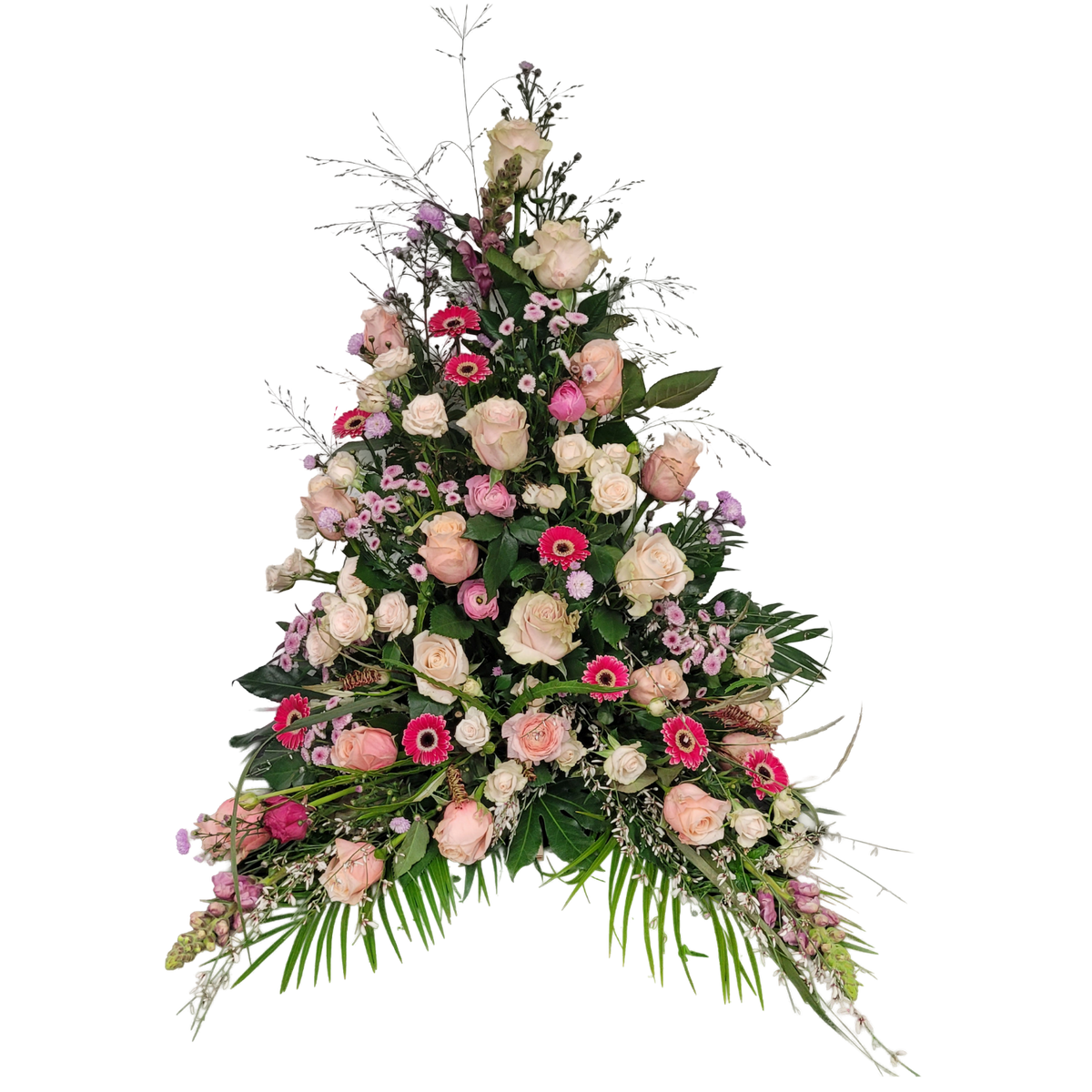 Gesteck_Hoch_-_Rosen_Verzweigte_Rosen_Gerbera_Santini_Ginster_Loewenmaul_Ranunkel_Septemberkraut_-_Rosa_Creme_Pink
