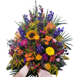 Gesteck_Hoch_-_Sonnenblumen_Rittersporn_Alstromerien_Bartnelken_Rosen_Hypericum_Nelken_Gerbera_Lilien_Loewenmaul_Limonium_-_Bunt_-_Somm_Herbst