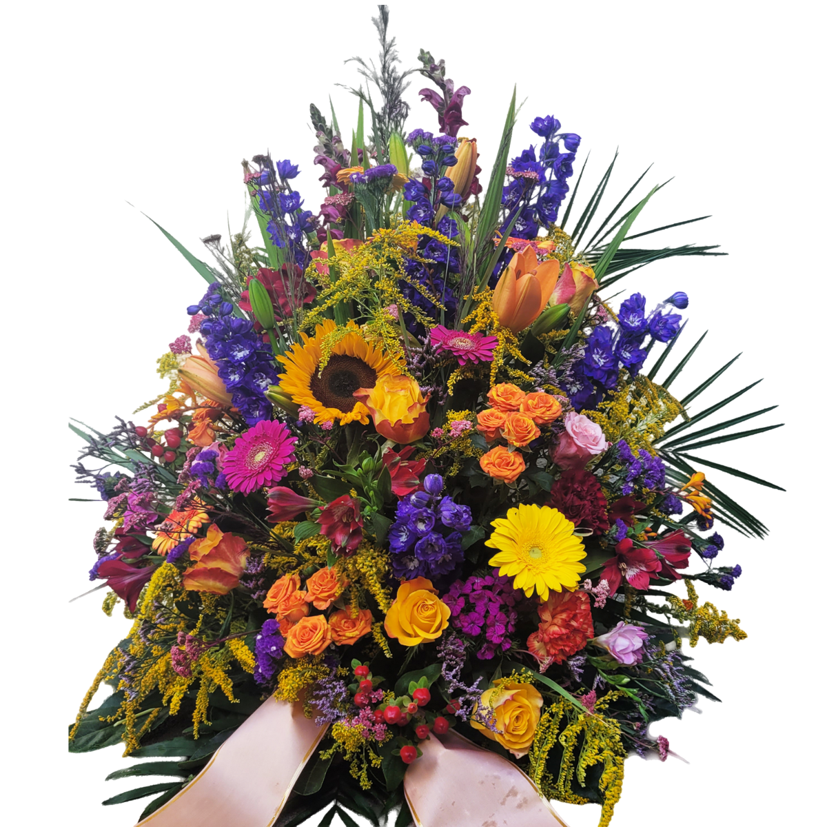 Gesteck_Hoch_-_Sonnenblumen_Rittersporn_Alstromerien_Bartnelken_Rosen_Hypericum_Nelken_Gerbera_Lilien_Loewenmaul_Limonium_-_Bunt_-_Somm_Herbst