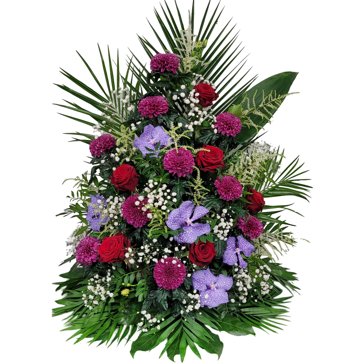Gesteck_Hoch_-_Vanda-_Orchiedea_Chrysantheme_Rose_Astilbe_Schleierkraut_-_Lila_Flieder_Rot_Weiss_-_Exoten