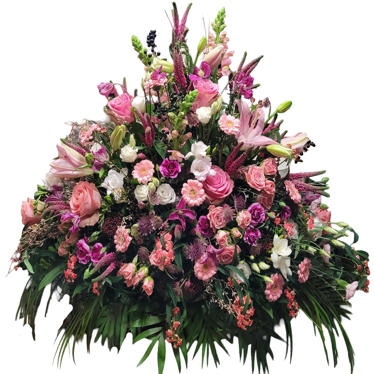 Gesteck_Hoch_-_Veronika_Lilien_Rosen_Nelken_Gerbera_Euphorbie_Clematis_Freesien_Eustoma_Skimmia_Ginster_-_Rosa_Weiss