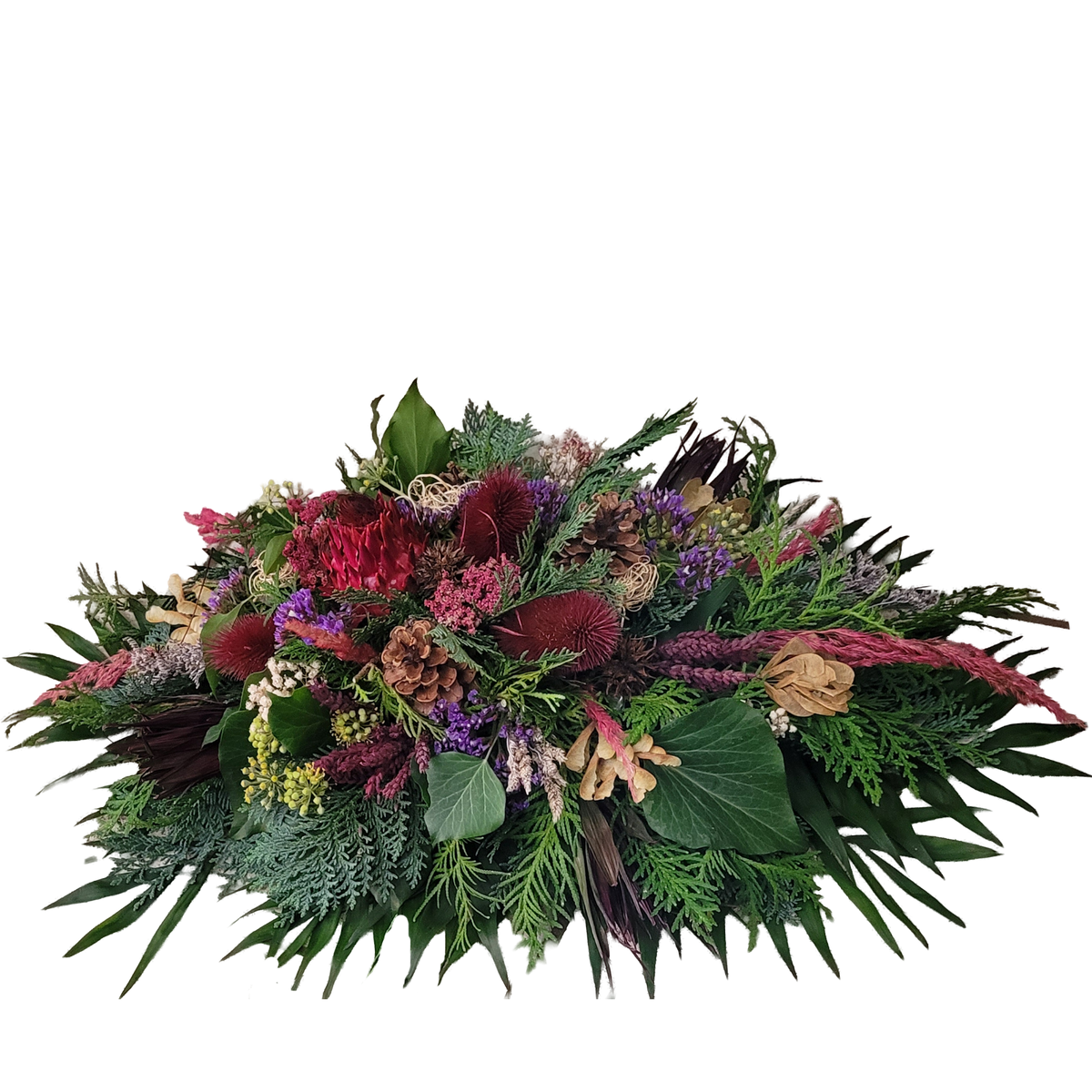 Grabspange_mit_Trockenmaterialien_und_frischen_Beiwerk_in_Rot_Rosa_Lila