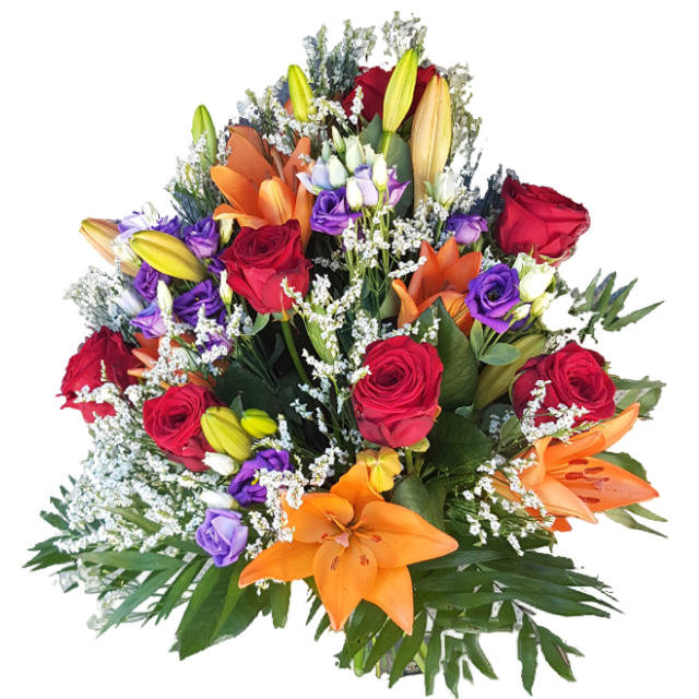 Grabstrauss_-_Lilien_Eustoma_Limonium_Rosen_-_Rot_Orange_Lila_Weiss_-_Sommer