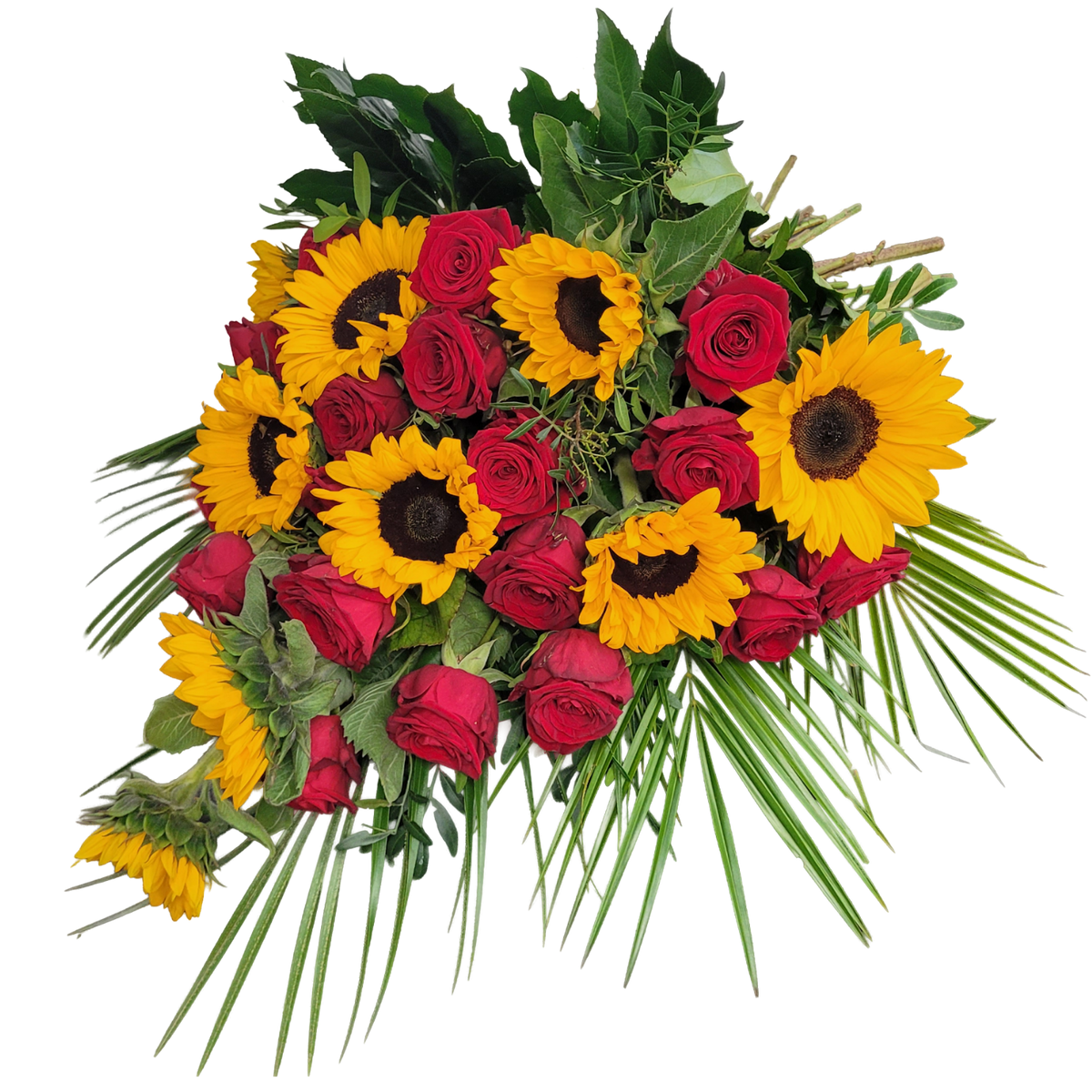 Grabstrauss_-_Sonnenblumen_Rosen_-_Rot_Gelb