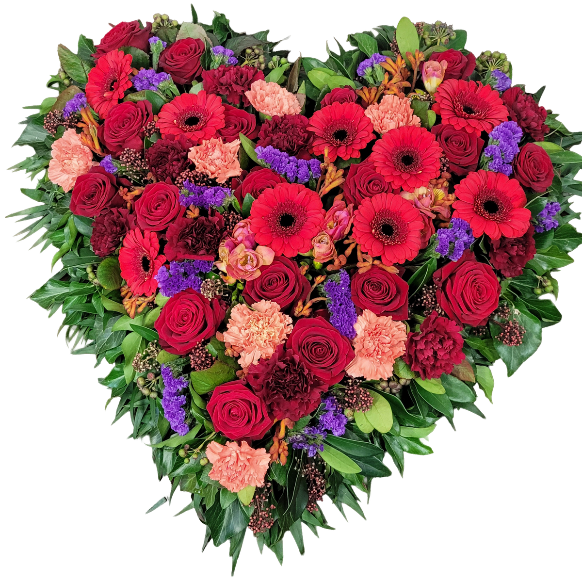 Herz_Gefuellt_-_Rosen_Gerbera_Nelken_Skimmia_Statice_Anigiozanthos_._Orange_Rot_Blau