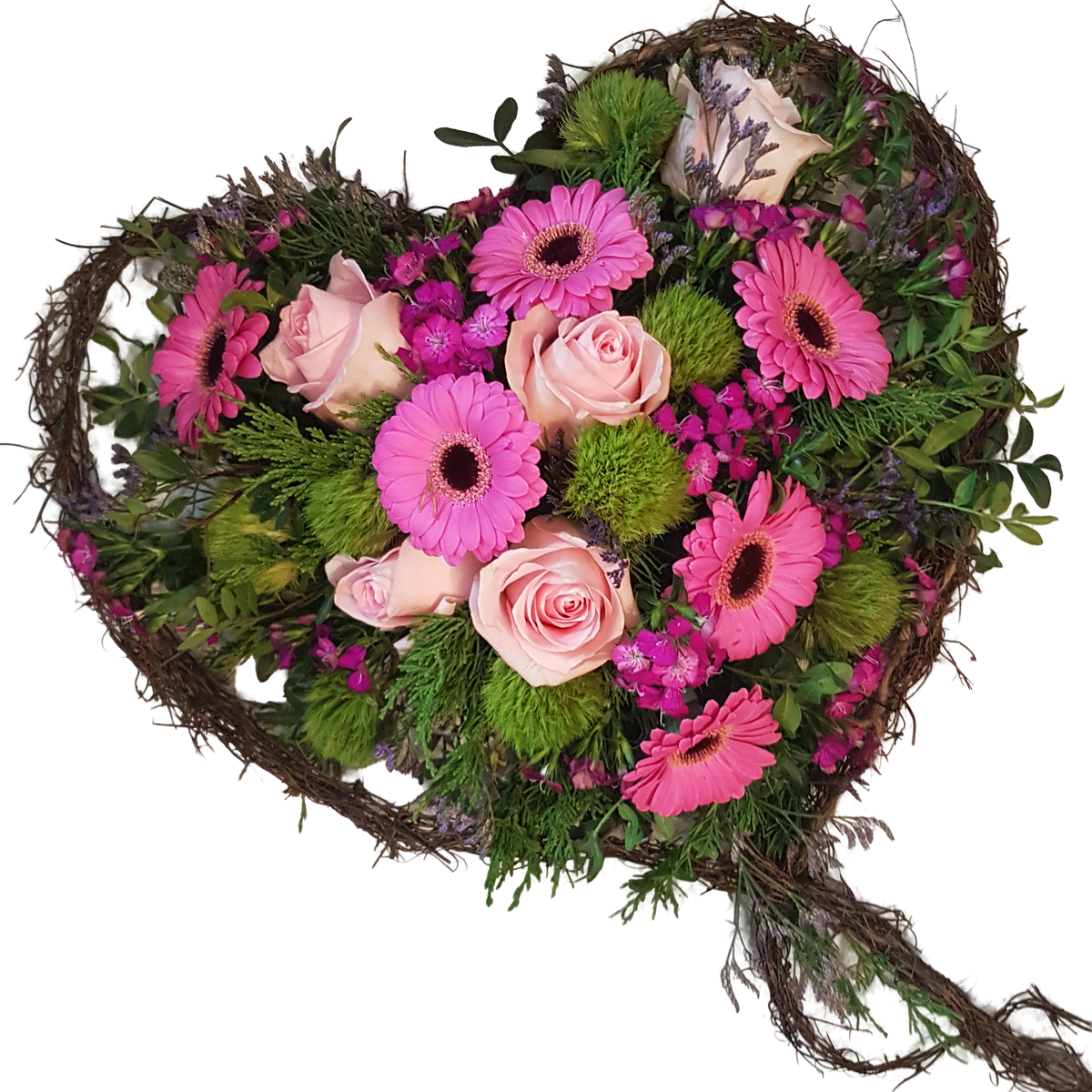 Herz_aus_Ranken_-_Gerbera_Rosen_Bartnelken_Gruen_Limonium_Bartnelken_-_Pink_Rosa_Gruen