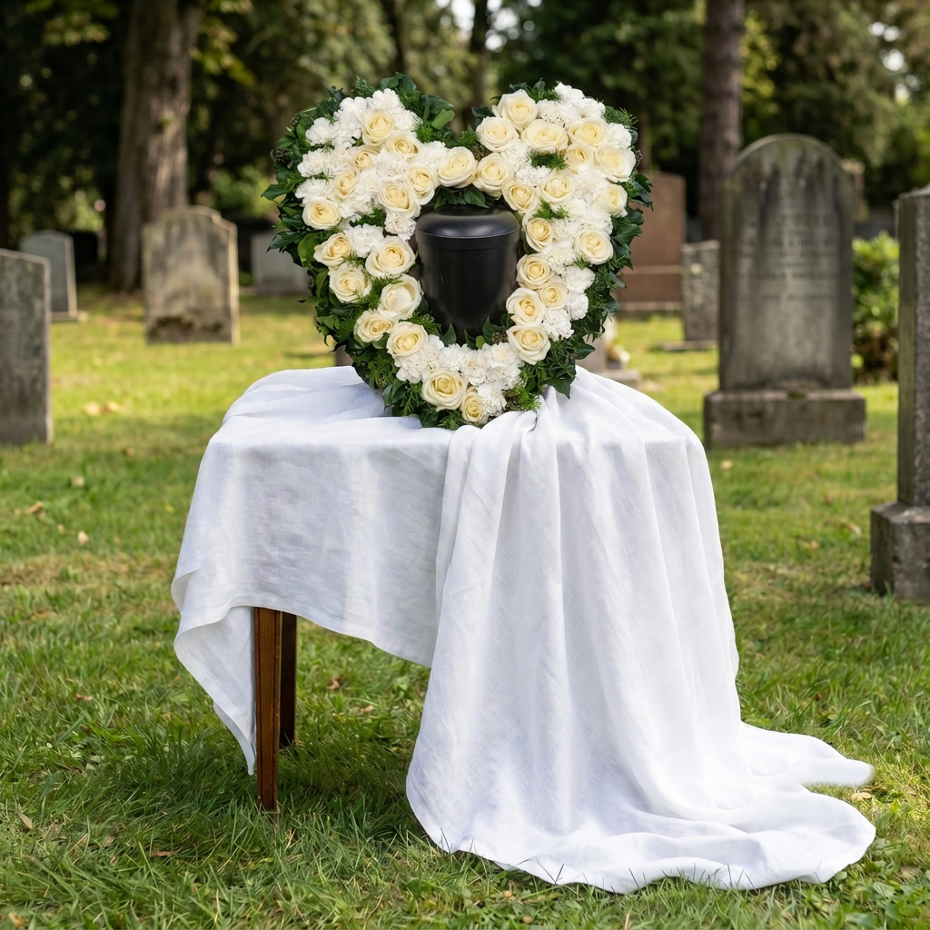 Herz aus Rosen mit Urne in Weiß