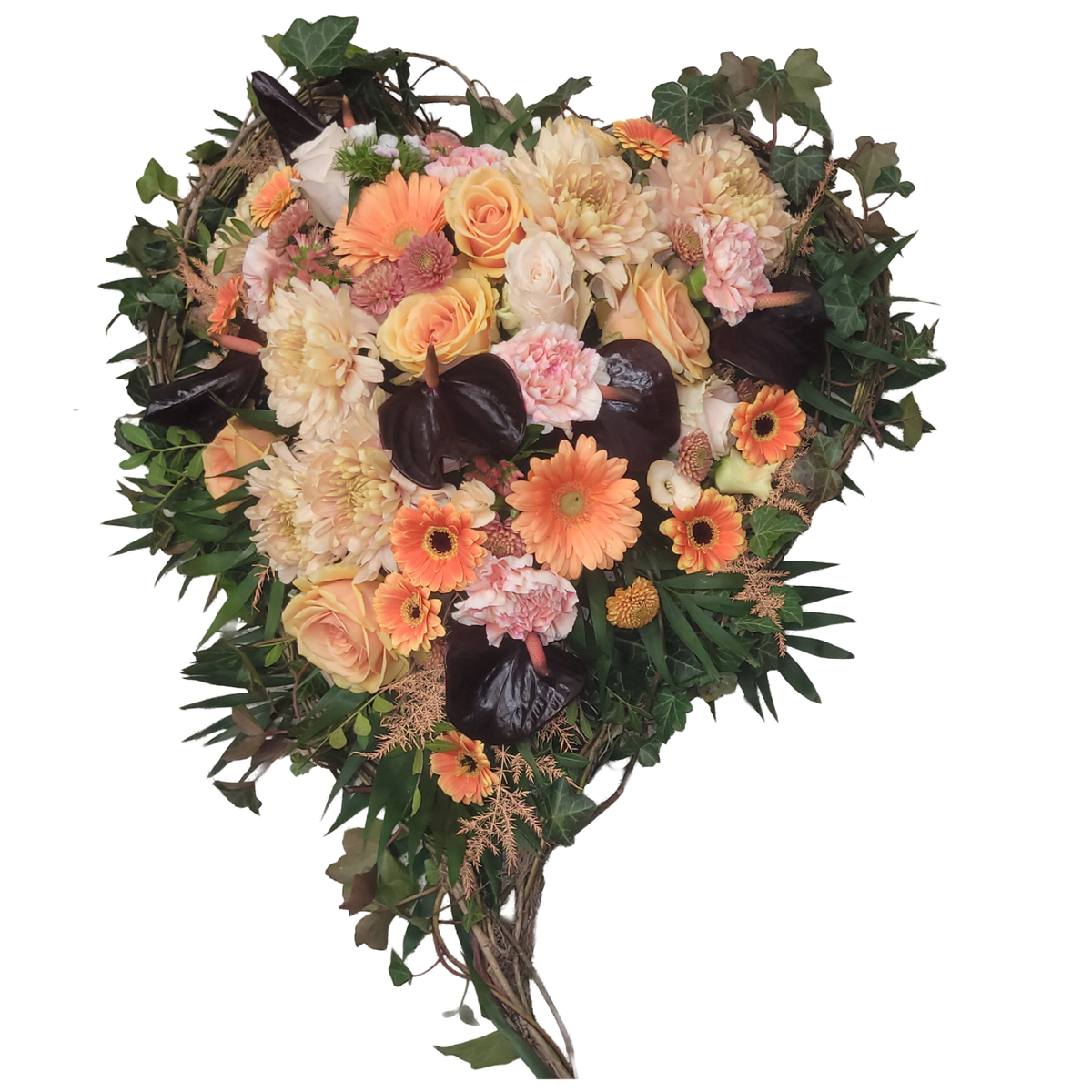 Herz_mit_Ranken_-_Germenis_Chrysanthemen_Nelken_Santini_Rosen_Statice_Mininelken_Anthurien_-_Apricot_Braun